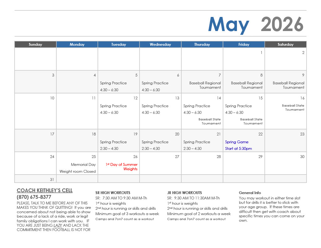 May 2026 Football Practice Schedule